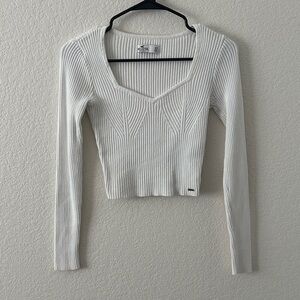 Hollister Cream Ribbed Square-Neck Long Sleeve Crop Top